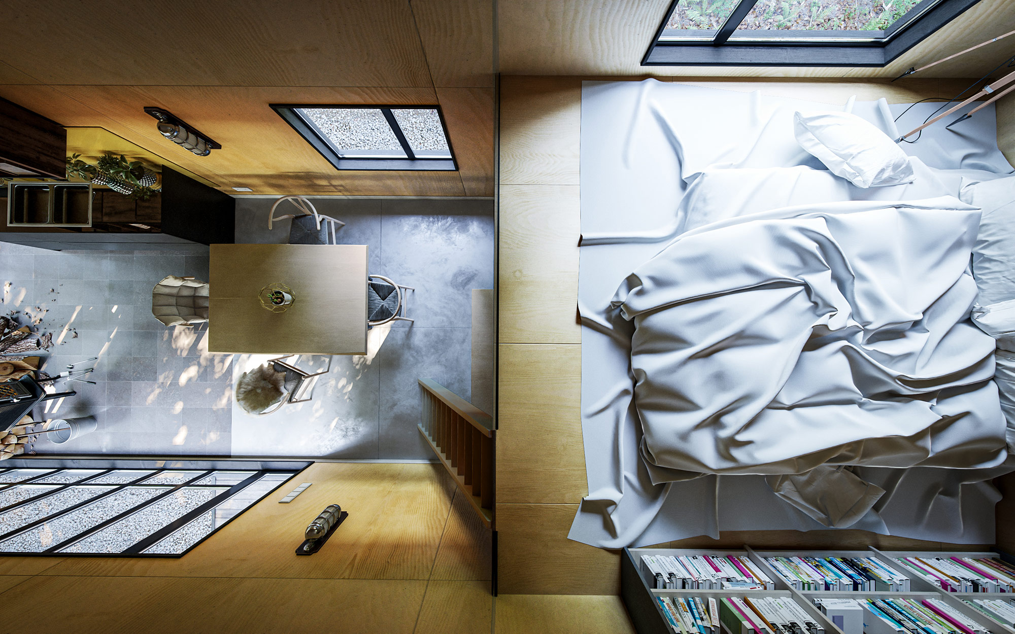 3D interior render of the FOREST CABIN project